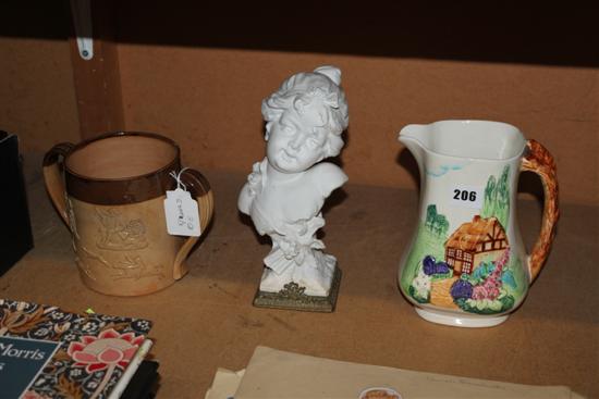 Parian bust of a girl, jug and Doulton Lambeth & 2 handled jug